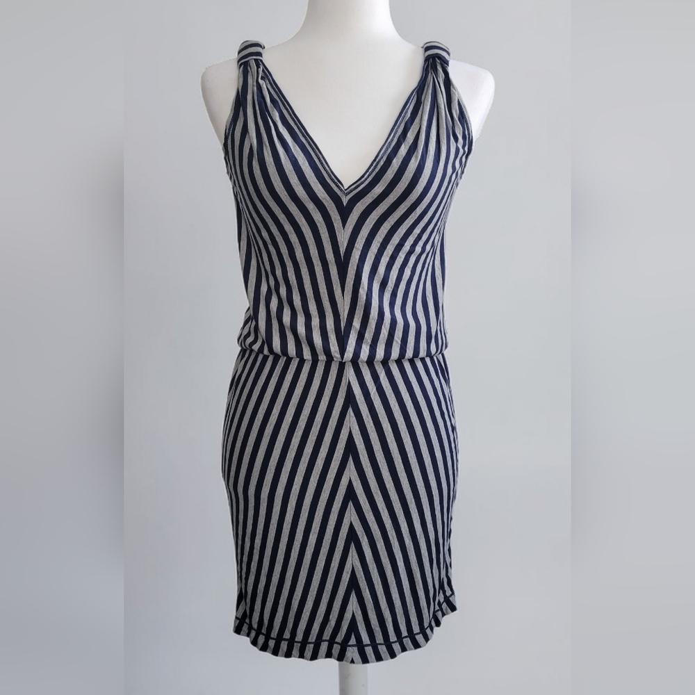Max Studo Striped Navy & Gray V-Neck Sleeveless Summer Coastal Minidress, XS
